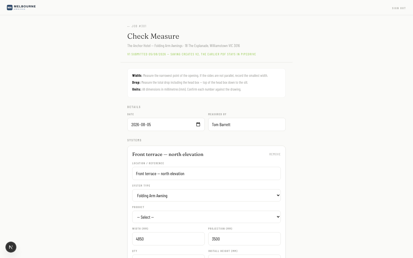The on-site check-measure form the installer fills in from their phone