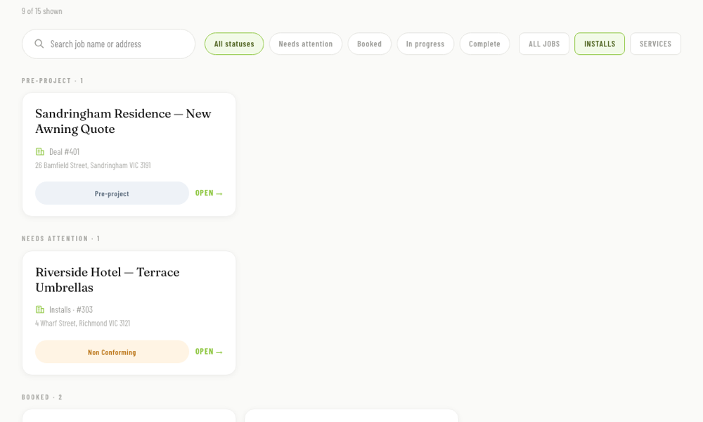 Field-operations dashboard showing every job and its status