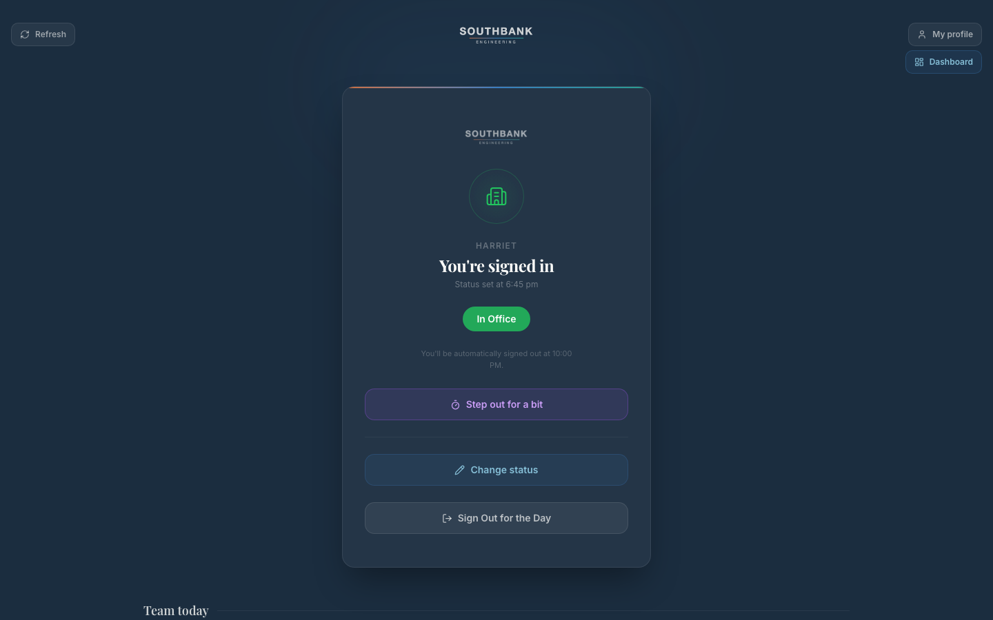 The staff presence portal: daily sign-in with a live status for everyone on the team