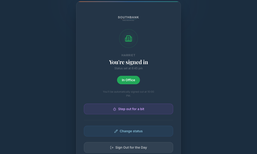 Team sign-in and presence screen showing who is on site today